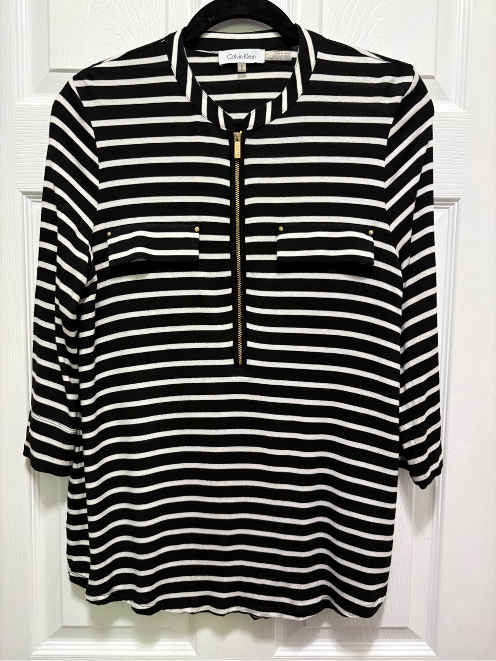 Calvin Klein Striped Half Zip Top Roll Tab Sleeve Womenโs Medium